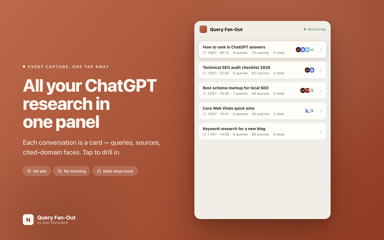 תוסף Query Fan-Out ל-ChatGPT, שיחות שנלכדו עם אייקונים של הדומיינים שצוטטו