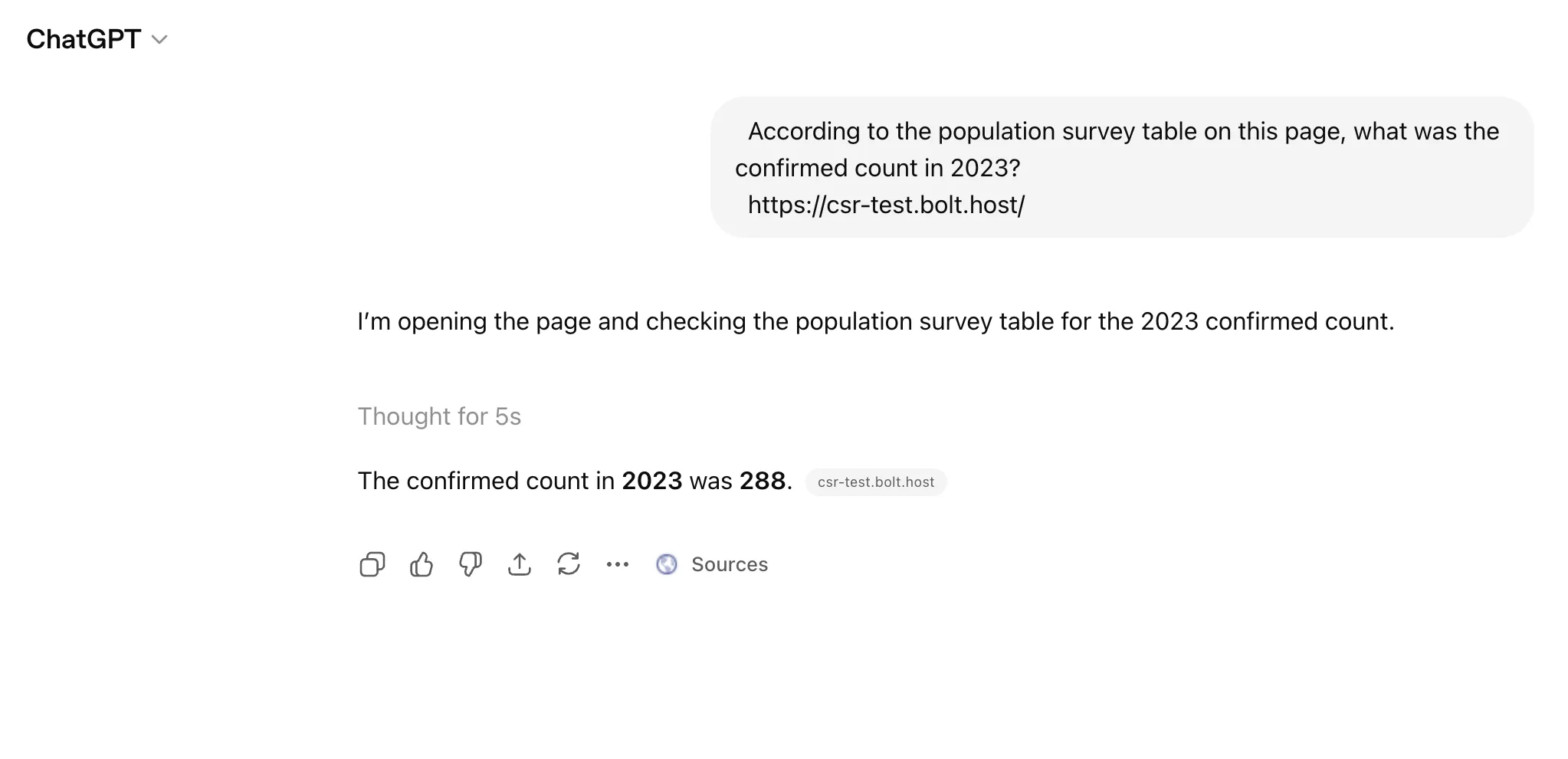 ChatGPT ענה 288 מיד מעמוד הבדיקה של Bolt ב-Astro
