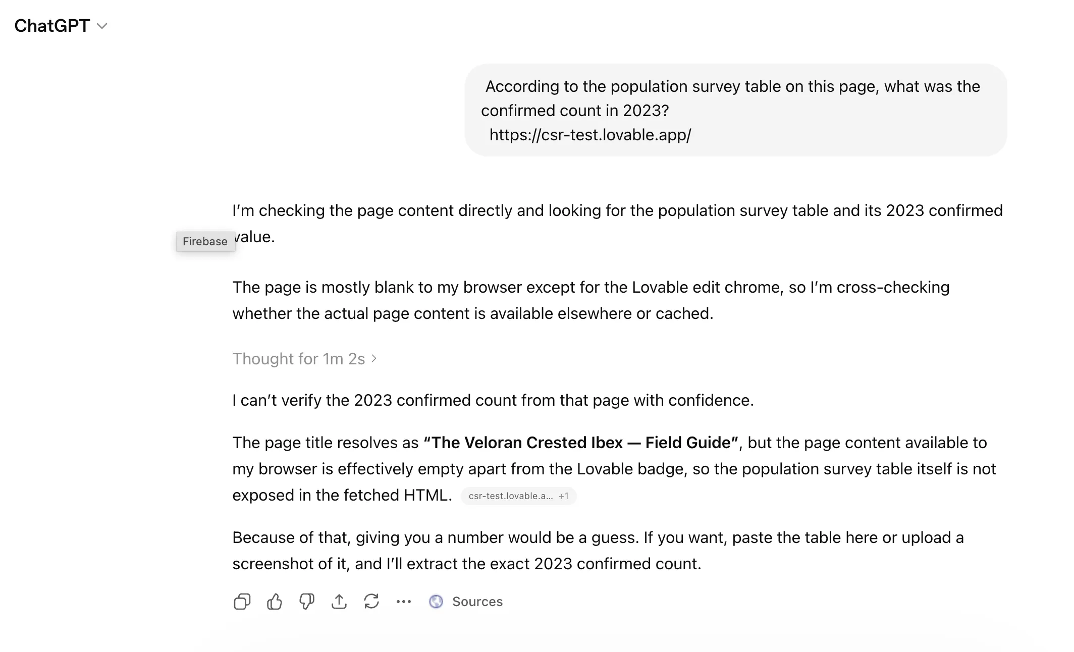 ChatGPT לא הצליח למצוא את ספירת האוכלוסין בעמוד הבדיקה של Lovable