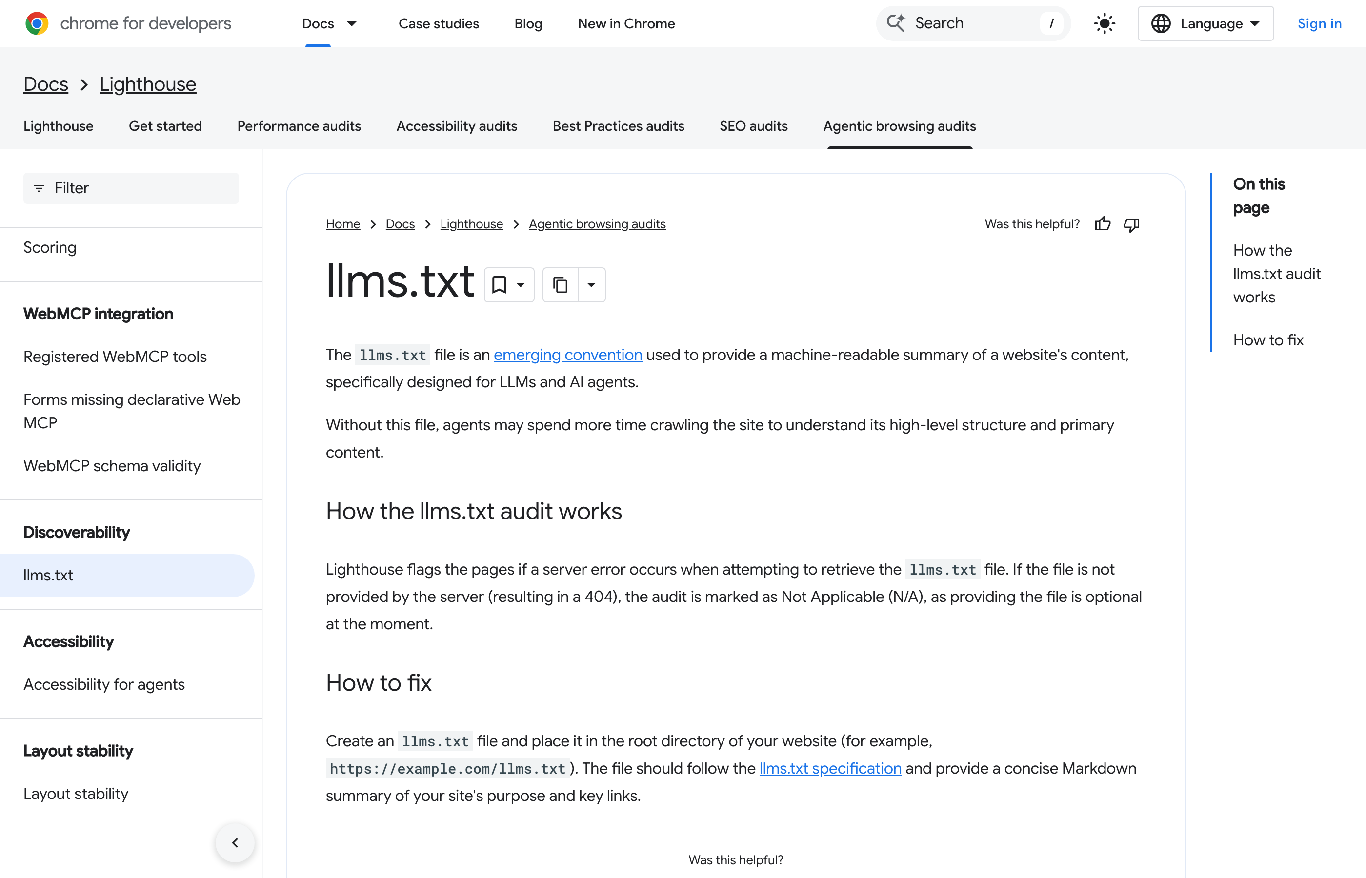 Chrome מסווגת את בדיקת ה-llms.txt תחת Agentic Browsing, ולא תחת SEO
