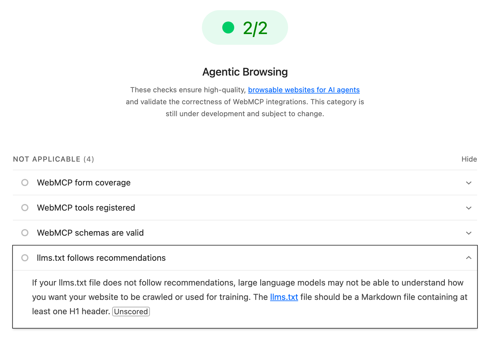 דוח Lighthouse על natielimelech.com: בדיקת llms.txt מסומנת Not Applicable תחת קטגוריית Agentic Browsing, לצד בדיקות WebMCP, והקטגוריה מקבלת ציון 2/2 בלי הקובץ