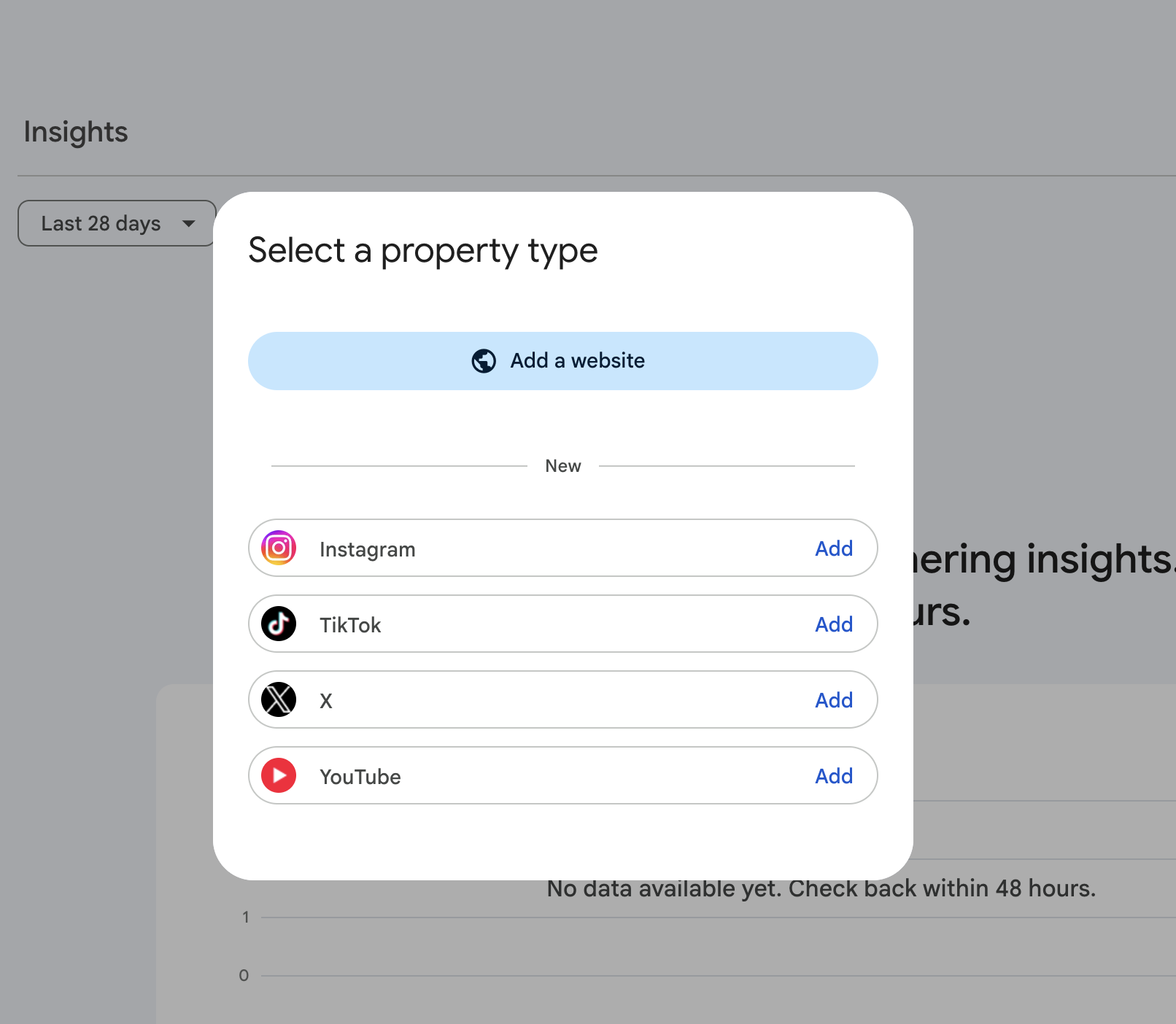 חלון בחירת סוג נכס ב-Search Console: אפשרות להוסיף אתר, ותחתיה ארבע פלטפורמות חדשות עם כפתור Add: Instagram, TikTok, X ו-YouTube