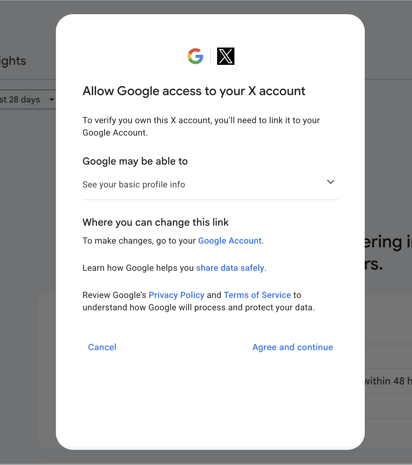 מסך ההרשאה של X בתהליך החיבור: Allow Google access to your X account, עם הסבר שהקישור לחשבון גוגל נדרש לאימות הבעלות והרשאה לפרטי פרופיל בסיסיים