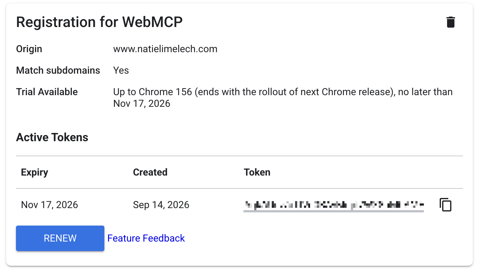 רישום של www.natielimelech.com לניסוי WebMCP ב־Chrome Origin Trials.