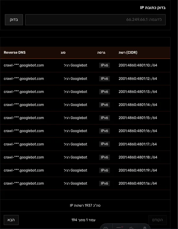 רשימת כתובות IP של Googlebot - מעודכן יומי